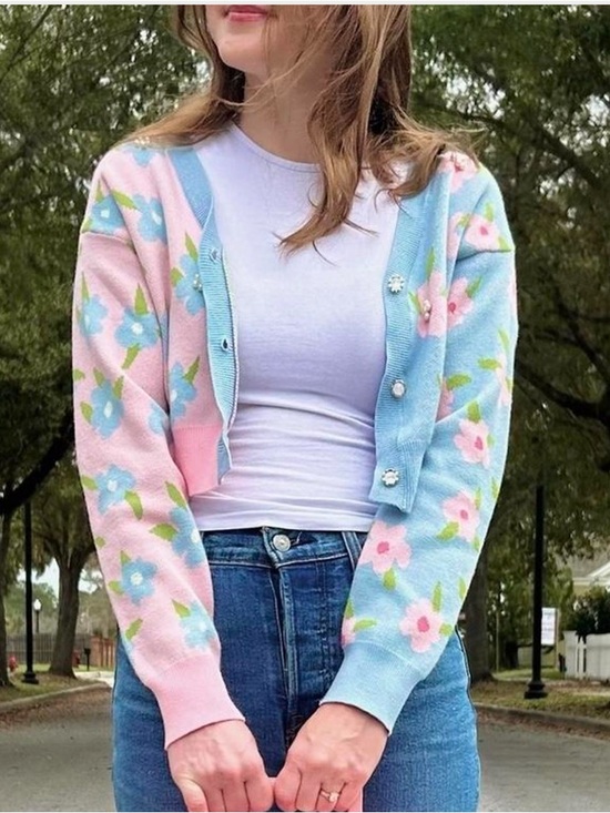 Cider Sweaters - Floral Pastel Cropped Cardigan Sweater - Pink & Blue